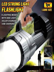 1pc LED Handheld Flashlight, Super Bright Long Range Searchlight With COB Side Light, Solar & Type-C Rechargeable IP44 Waterproof Spotlight, 6 Lighting Modes Portable Torch For Camping Emergency Hiking - Black - View 2