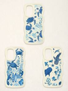 3 Pcs Wavy White Edge Ocean Sea Turtle Print Phone Case, Blue Tone Underwater Creature Illustration Soft Shell, Thickened Wavy Frame Full Coverage Anti-Drop TPU Phone Cover, Ins Vacation Style Niche Fresh Digital Accessory; Suitable For Valentine's Day, Easter, Mother's Day, Father's Day, Independence Day, Halloween, Thanksgiving, Christmas, New Year, Birthday, Back To School Gifts, Compatible With IPhone 17/17 Pro - Multicolor - View 33