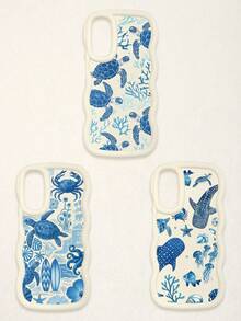 3 Pcs Wavy White Edge Ocean Sea Turtle Print Phone Case, Blue Tone Underwater Creature Illustration Soft Shell, Thickened Wavy Frame Full Coverage Anti-Drop TPU Phone Cover, Ins Vacation Style Niche Fresh Digital Accessory; Suitable For Valentine's Day, Easter, Mother's Day, Father's Day, Independence Day, Halloween, Thanksgiving, Christmas, New Year, Birthday, Back To School Gifts, Compatible With IPhone 17/17 Pro - Multicolor - View 23
