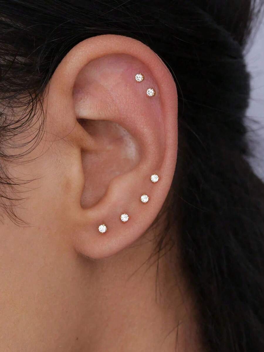 VJS 3 Pairs Stainless Steel Ball Stud Earrings, Suitable For Women, Men And Girls, Fashion Cartilage Lobe Earring Set, Perfect For Multiple Piercings Jewelry - Stone - View 1