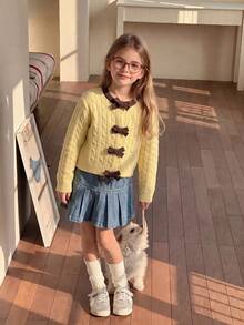 Girls Sweaters, Tween Girls Yellow Cable Knit Cardigan With Brown Bows, Crew Neck Long Sleeve Cute Preppy Top For Fall Winter Daily & Party Outfits - Ginger - View 2