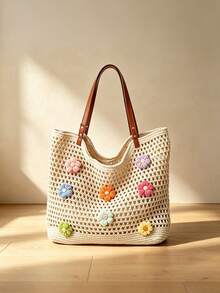 Yogodlns Beach Seaside Vacation Bag Women's Large Capacity Shoulder Bag New Versatile Fashion Shopper Handbag Travel Beach Bag Shopping Pack Beach Bag - Beige - View 12
