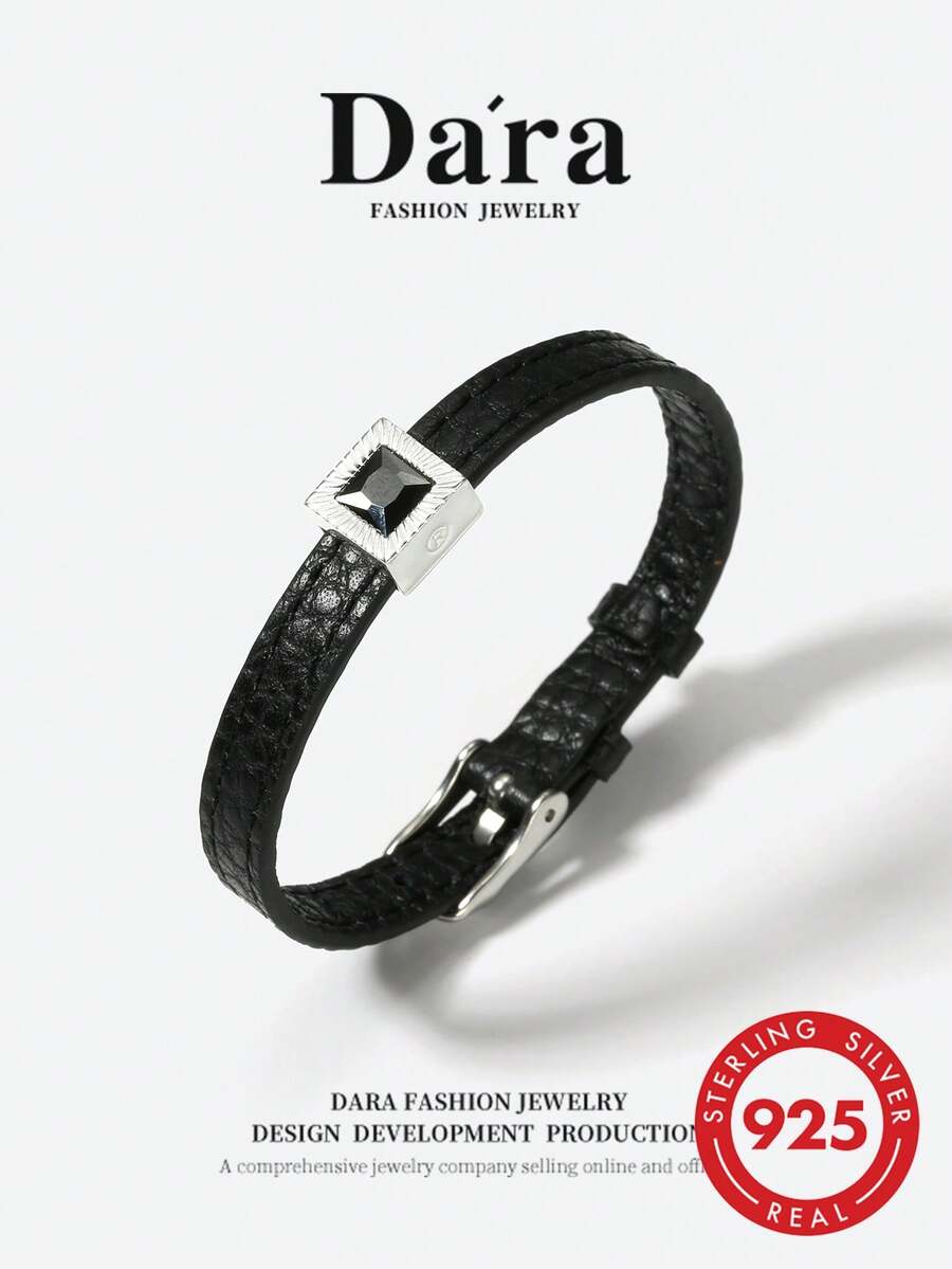 DARA Vintage Black Leather Bracelet S925 Silver Adjustable Wristband Luxury Gift Box Holiday Gift - Black - View 1
