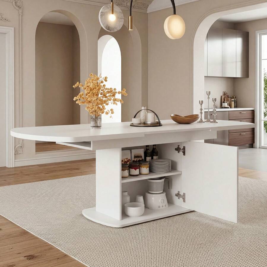 Extendable Oval Dining Table White And Silver - Optimized Space In Wood For Dining Room And Kitchen - 白色 - 查看 1