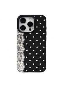 1pc Lace Polka Dot Pattern Shockproof Black Liquid Straight Edge TPU Phone Case, Suitable For IPhone 16 Pro Max/16/16 Pro/16 Plus/15/15 Pro Max/15 Pro/11/12/13/14 Pro Max/11 Pro/11 Pro Max/12 Pro/12 Pro Max/13 Pro/13 Pro Max/14 Pro/14 Pro Max, Soft Case, Elegant - Black - View 2
