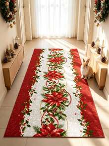 1pc Classic Red & White Poinsettia Christmas Hallway Runner Rug, Long Carpet, Living Room Rug, Bedside Plush Rug, Autumn/Winter Rug, Thick Rug, Large Area Rug, Bedroom Rug, Home Decor, Outdoor Rug, Washable - Multicolor - View 5
