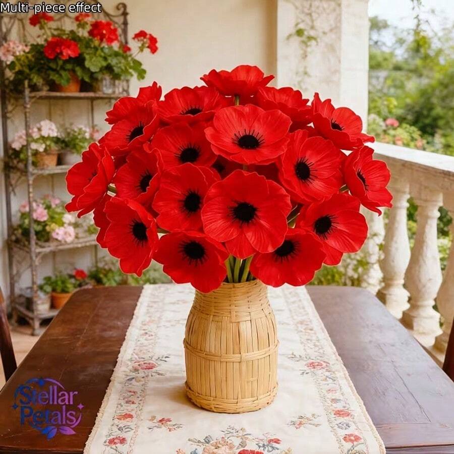 12pcs Spring Outdoor Decor Artificial Flowers, Exquisite Vibrant Poppy Flowers, Easy To Arrange Low Maintenance, Fade-Resistant Long-Lasting, All-Season Outdoor Artificial Flowers, Garden Atmosphere Decoration - Poppy - View 1