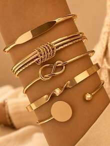 5pcs Set Vintage Personalized Exaggerated Wide Cuff Bracelet Set, Gold Polished Asymmetrical Bangle Bracelet, Suitable For Girls, Gift For Best Friends - Yellow Gold - View 5