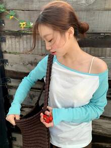 Atasan Lengan Panjang Wanita Gaya Korea Asli Bahan Linen Transparan dengan Motif Patchwork Warna Kontras Ringan Pelindung Matahari - Biru - View 1