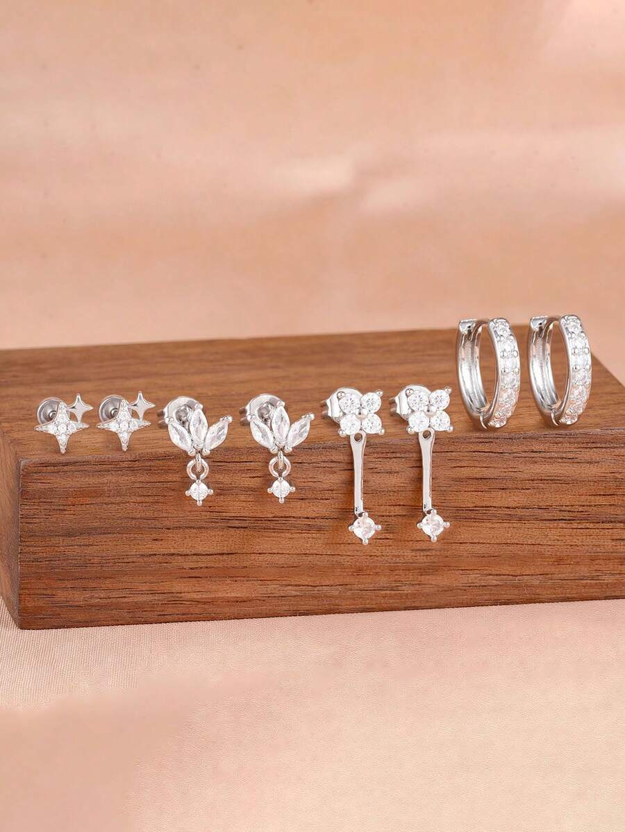 8件組輕奢不鏽鋼鋯石星星耳釘套組 女款幾何圓環耳環 時尚美學飾品 - 8PCS-銀 - 查看 1