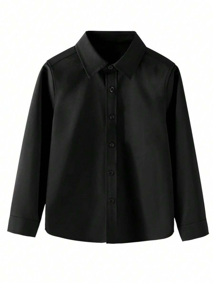 Tween Boy Solid Color Front Button Long Sleeve Casual Shirt - Black - View 1