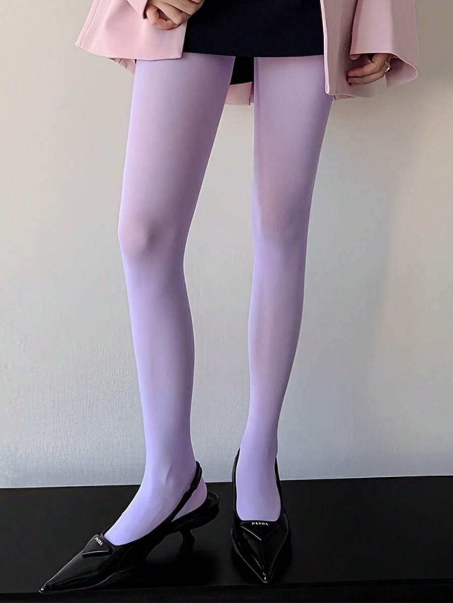 1pc Lavender Purple High Waist Elastic Women's Leggings, Paired With Fashionable Height-Increasing Slimming Pants - Lilac Purple - View 1