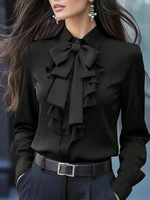 Blus Lengan Panjang Wanita Ukuran Plus Elegan dengan Desain Pita Berkerut, Warna Polos, Penutup Kancing Depan, Cocok untuk Beraktivitas dan Pakaian Kasual, Kemeja Kasual | Blus Elegan - Hitam - View 5