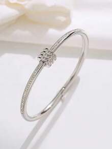 1Pc Luxury Ins Style 18K Gold Stainless Steel Bangle, Shiny Paved Crystal Multi-Ring Design, Stackable Women Jewelry For Party Holiday Surprise Gift - Silver - View 9