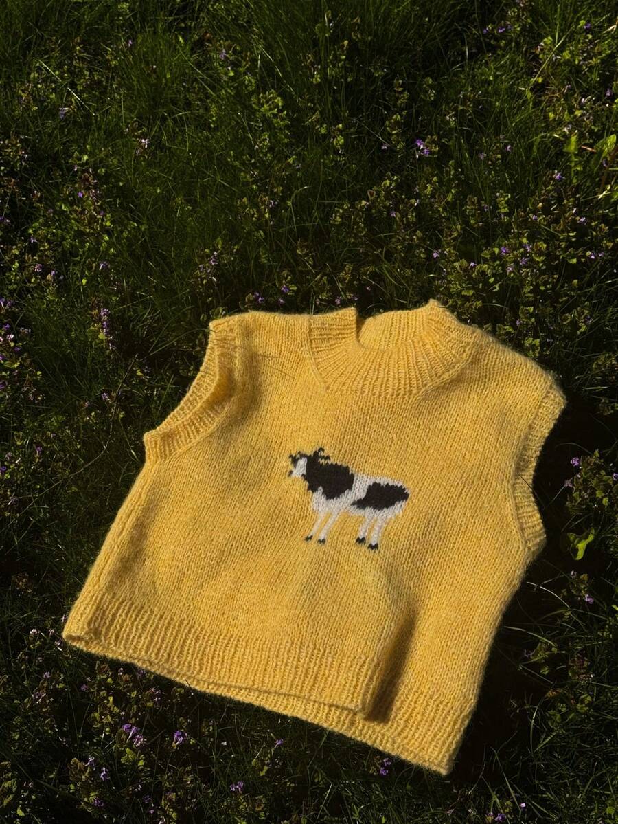 Women's Fashion Casual Minimalist Cow Print Loose Knit Sweater Vest - Yellow - View 1