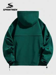 1pc Phantom Green Drawstring Hooded Men's Jacket, Utility Men's Outerwear With Side Zipper Pockets And Inner Pocket, Long Sleeve Jacket, Sporty Style, Machine Washable, Suitable For Daily Commute, Outdoor Travel, Sports And Hiking - Green - View 7