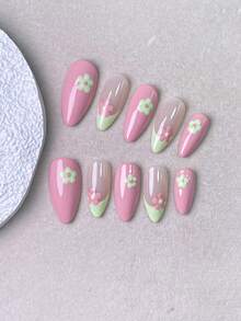 10 Pieces Of Handmade Press On Nails,Fake Nails,Almond Nails,Sweet Cute Nails,Pink Nude Base Nails,With Green‑Pink 3D Flower Decorations And Fresh Color‑Blocking Design,Glossy Finish,Romantic Girly Style,Suitable For Daily Wear,Dates And Outings. - Baby Pink - View 4