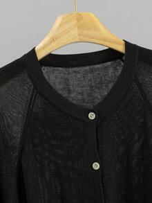 GIGOGOU 大尺碼 1XL-4XL 女款春夏輕量針織開襟衫，休閒長袖鏤空外套，黑色 - 黑色 - 查看 3