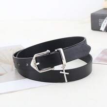 1pc Unisex Cross Pendant Casual PU Leather Belt, Suitable For Daily Wear In All Seasons - Black - View 3