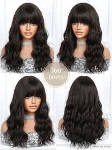 20 Inch Black Brown Long Wavy Curly Wig With Bangs, Heat Resistant Synthetic Wig For Women, Beginner Friendly, Suitable For Daily Wear, Halloween, Christmas, Music Festival, Cosplay, Party, Perfect Holiday Gift For Girls, Ideal Gift For Ramadan And Eid - Brown - View 6