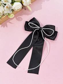 1pc Satin Double Layer Long Ribbon Pearl Chain Bow Hair Clip, Gentle Girl Half-Up Hair Accessory, Multi-Color Minimalist Versatile Hair Ornament, Back To School Gift - Multicolor - View 4
