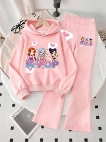 Setelan 2pcs untuk Remaja Perempuan: Hoodie Motif Kartun + Celana Panjang Model Flare Motif Polos, Pakaian Musim Gugur/Musim Dingin, Gaya Kampus, Pakaian Acara Homecoming - Berwarna merah muda - View 2