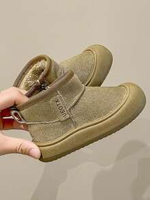 1 Pair Kids' Popular Snow Boots, Fashionable Versatile Soft Sole Anti-Slip Wear-Resistant Solid Color Thermal Lined Warm Boots For Boys And Girls - Army Green - View 5