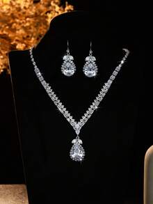 Water Drop Zirconia Necklace + Earrings Jewelry Set, Suitable For Wedding, Party, Gathering, Holiday, Vacation Versatile Accessory - Silver - View 4