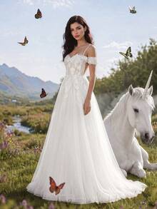 Elasola HEARBOBO Women's Applique Mesh Patchwork Elegant Cinched Waist Spaghetti Strap Wedding Dress Fall - White - View 1