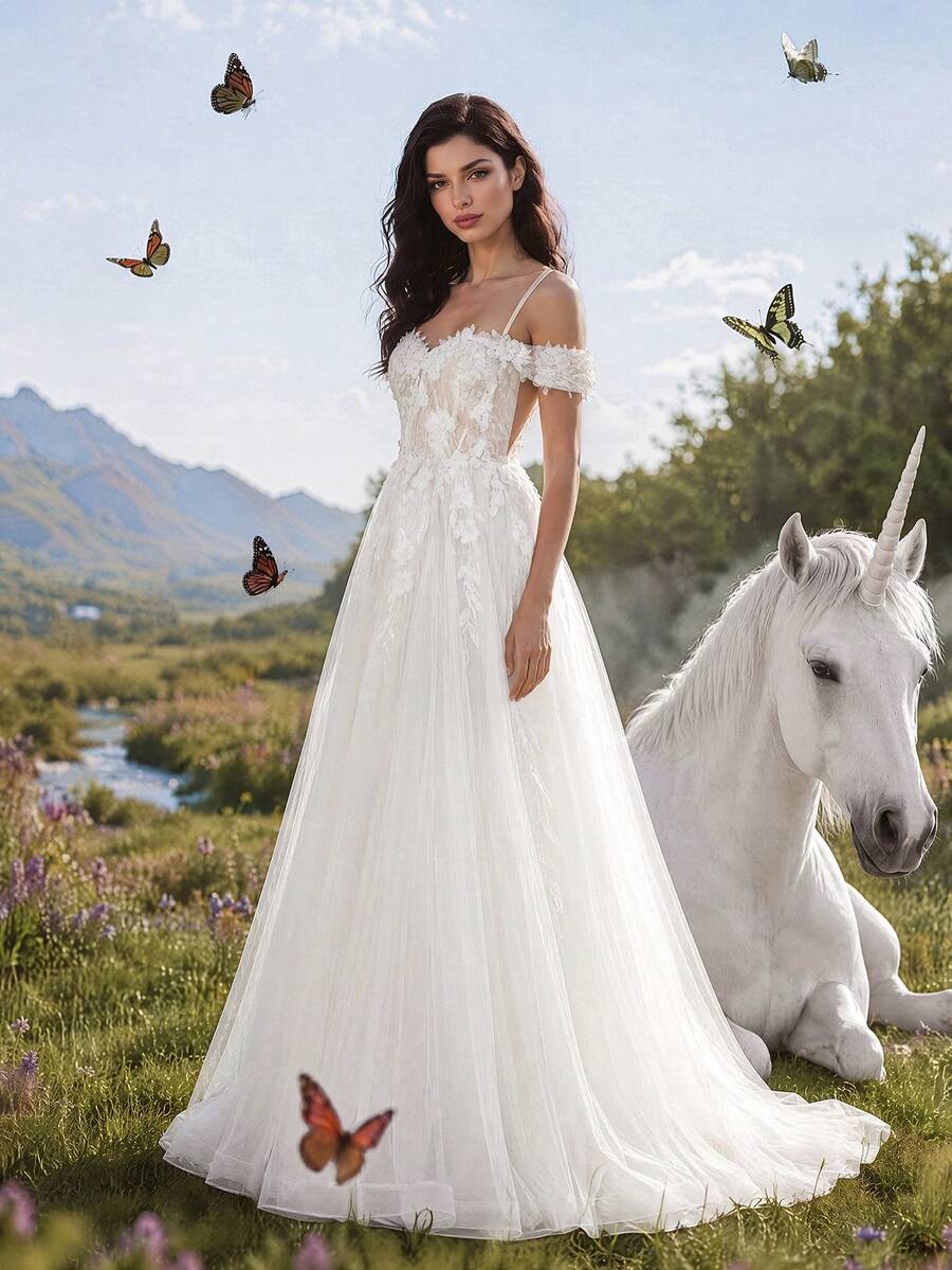 Elasola HEARBOBO Women's Applique Mesh Patchwork Elegant Cinched Waist Spaghetti Strap Wedding Dress Fall - White - View 1
