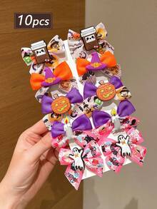10pcs Halloween Bowknot Print Pumpkin, Ghost, Witch Hat Hair Clips, Side Fringe Hair Clips, Suitable For Holiday Party Cosplay Props, Can Be Given As Halloween Hair Accessories Gift - Multicolor - View 9