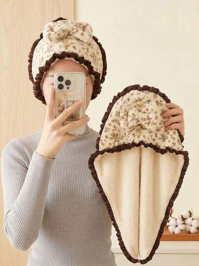 1pc Coral Fleece Floral Lace Women's Dry Hair Bath Cap, Extra Wide & Long Quick-Absorbing Hair Towel Headwrap, Strong Water Absorption For Fast Hair Drying, Printed Headwrap To Keep Hair Dry During Bathing, Shower Cap, Bath Accessories