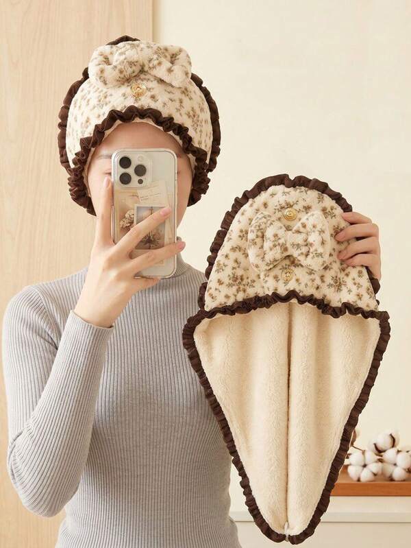 1pc Coral Fleece Floral Lace Women's Dry Hair Bath Cap, Extra Wide & Long Quick-Absorbing Hair Towel Headwrap, Strong Water Absorption For Fast Hair Drying, Printed Headwrap To Keep Hair Dry During Bathing