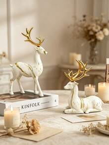 Water-Transferred Resin Ornament, White Marble Texture, Suitable For Living Room, Bookshelf, Office Desk Decoration (Water-Transferred Craft, Color Position May Vary Slightly) - Patterned Deer - View 5