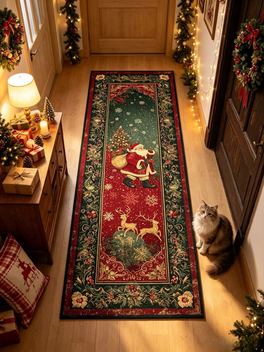 1pc Classical Floral Frame Santa Claus Doormat, Kitchen Rug, Kitchen Mat, Door Mat, Runner Rug, Area Rug, Christmas Carpet - Multicolor - View 1