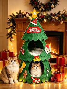 1pc Christmas Tree Shaped Cat Tree, Double-Layer Cave Cat Activity House, Tool-Free Assembly, Foldable Easy Storage DIY Decoration, Indoor Home Holiday Pet Play And Resting Facility - Multicolor - View 3