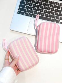 Pink Striped Element Fashion Vertical Stripe Design Data Cable Charger Storage Bag Earphone Storage Box Anti-Drop Zipper Pouch Cartoon Creative - Multicolor - View 3