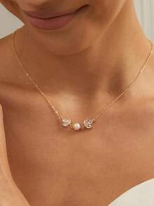 2pcs Pearl & Diamond 14K Gold Plated Wedding Jewelry Set - Bracelet, Necklace, Elegant Gift, Suitable For Daily Wear - Gold - View 4