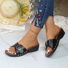 Women's Fashion Solid Color Beach Buckle Wedge Thick Sole Outdoor Summer Sandals - Black - View 14