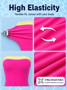 HOTTIE HABIT Traje de baño de una pieza sin tirantes tipo bandeau para mujer, rosa fuerte y amarillo en contraste, corte alto, body ceñido, traje de baño ajustado para verano, playa y piscina - Multicolor - Ver 7