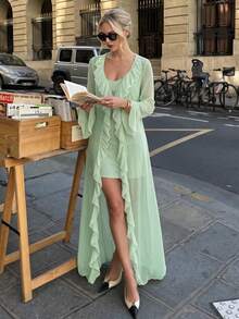 女款度假風性感小眾純色半透明荷葉邊裝飾長款海灘罩衫，性感長袖蕾絲罩衫比基尼防曬罩衫海灘洋裝 - 綠色 - 查看 1