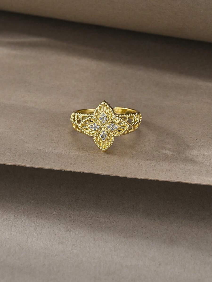 Anillo de trébol chapado en oro de 18K, elegante, moderno y lindo, adecuado para uso diario, citas, fiestas y regalo - Dorado - Ver 1