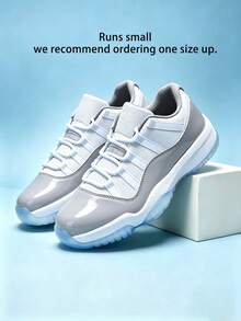 Men's Retro Patent Leather Basketball Sneakers, Grey & White,Retro Patent Leather Basketball Shoes With Ice Sole - white ash - View 3