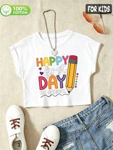 Tween Girls'  Cotton Cropped Cuffed Sleeve Tee, Graphic Print,  Cute Sweet Preppy Girl Style - White - View 3