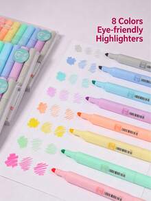 8/1pc Macaron Candy Color Oblique Tip Fluorescent Highlighter, Eye-Protection Soft Light Large Capacity Colorful Marker Pen, Highly Attractive Student Key Point Marking Stationery, Back To School Season Essential Marker Pen, Oblique Tip Wide And Narrow Dual Use For Note-Taking And Journaling, Back To School Stationery - Multicolor - View 3