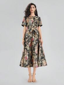 Rich Radi Q's 女款撞色復古編織提花洋裝，適合婚禮、度假，四季皆宜 - 黑色 - 查看 2