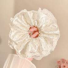 1pc Satin Polka Dot Double Layer Lace Trim Hair Scrunchie, Elegant Bun Hair Tie - Multicolor - View 4