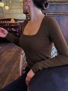 Floreya Elegant Casual Daily Commute Basic Fitted Knit Sweater Top, Winter For Women - Brown - View 3