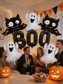 5pcs/Set Halloween Fun Decorative Balloon Set, Including "BOO" Letter, Ghost And Bat Patterns. These Halloween Decorative Balloons Are Perfect For Creating Holiday Atmosphere, Theme Party Decoration And Home Decor. - Multicolor - View 2