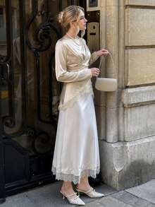 Novelle Women's Elegant French Champagne Satin Long Sleeve Blouse, Waist-Cinching Lace Trim Tie-Front Top, Suitable For Commuting, Dating, Evening Events - Apricot - View 5